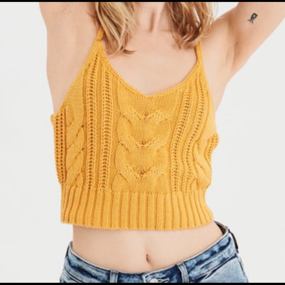 American Eagle Rusty Yellow Mixed Cable Knit Cropped Tank Top (Size S)